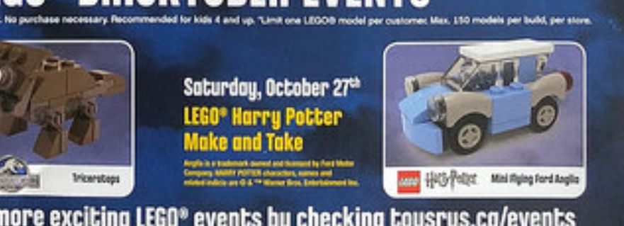 LEGO Harry Potter Flying Ford Anglia make and take coming to Toys R Us Canada